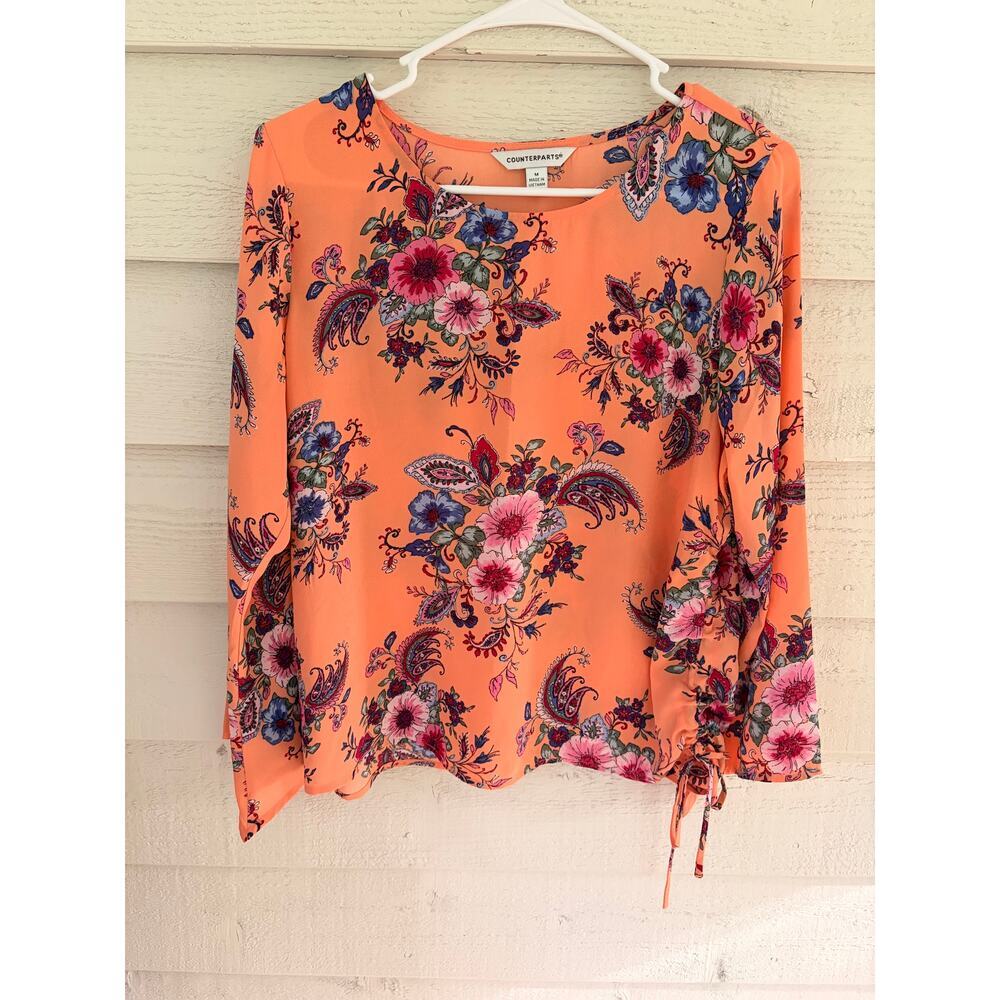 Counterparts Floral Ruched Long Sleeve Blouse Peach Pink Medium - Picture 2 of 8